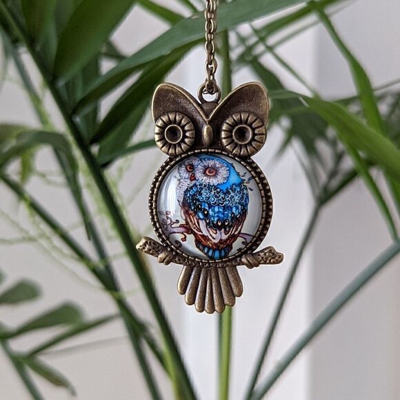Owl Rustic Antique Gold Charm Cabochon Pendant Adjustable Statement Necklace - Picture 2 of 8